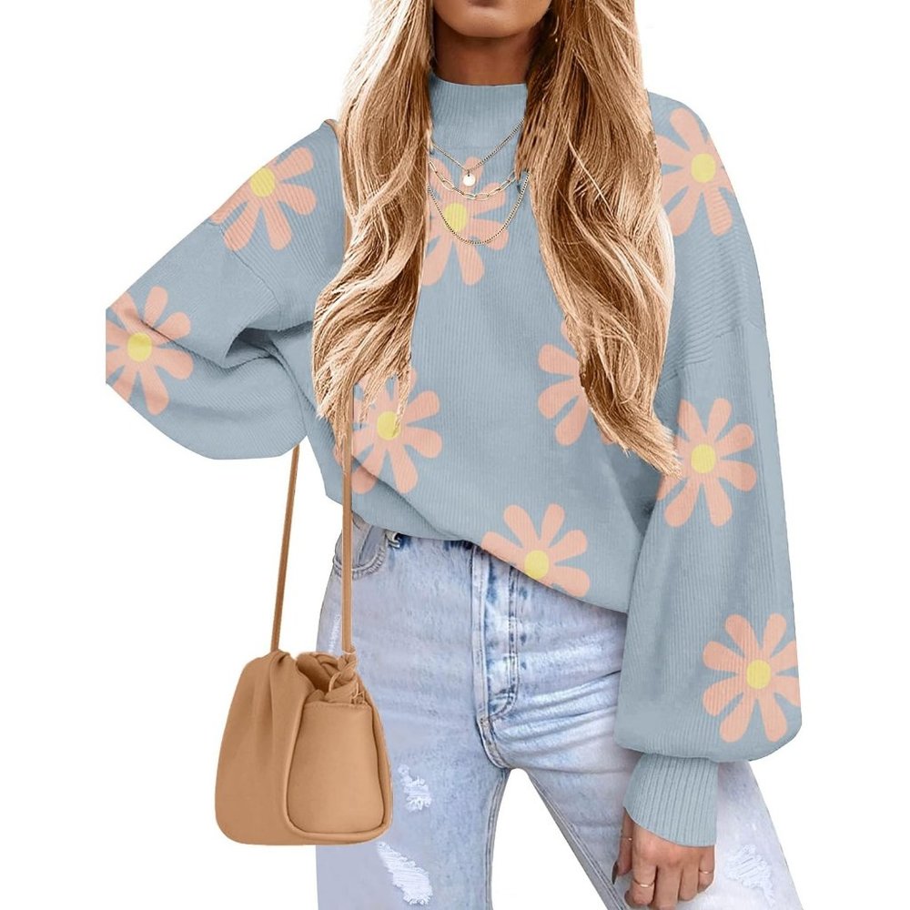 WomenLong Sleeve Turtleneck Pullover Lantern Ribbed Knit Loose Crewneck Sweater